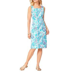 Talbots Dress 16W Blue Pink White Paisley Stretch Cotton Sleeveless Washable NEW